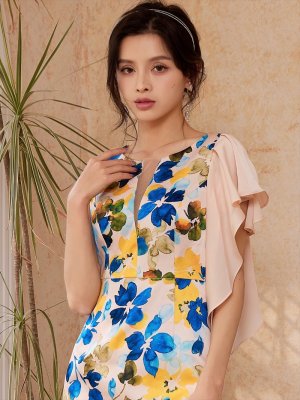 画像5: [送料無料][ERUKEI]プリント・花柄・タイト・肩フリル・ノースリーブ・ミニドレス・ワンピース[即日発送][大きいサイズあり]