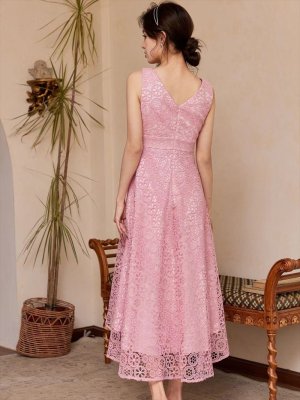 画像9: [送料無料][ERUKEI]ホワイト・ピンク・イエロー・ブルー・レース・Vネック・Aライン・フレア・ノースリーブ・ミディアムドレス・ワンピース[即日発送][大きいサイズあり]