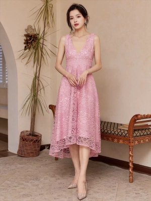 画像10: [送料無料][ERUKEI]ホワイト・ピンク・イエロー・ブルー・レース・Vネック・Aライン・フレア・ノースリーブ・ミディアムドレス・ワンピース[即日発送][大きいサイズあり]