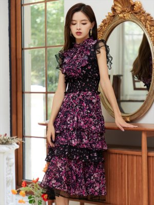 画像11: [送料無料][SETTAN]イエロー・パープル・花柄・ティアードフリル・Aライン・レースポイント・ミディアムドレス・ワンピース[即日発送][大きいサイズあり]