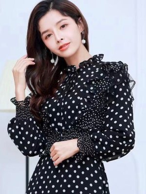 画像4: [送料無料][SETTAN]ブラック・レッド・ブラウン・ネイビー・ドット・フリル・ウエストゴム・美ライン・長袖・ミディアムドレス・ワンピース[即日発送][大きいサイズあり]