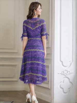 画像3: [SALE品のため返品不可][ERUKEI]パープル・総レース・スリーブ・ Aライン・ミディアムドレス・ワンピース[即日発送][大きいサイズあり]