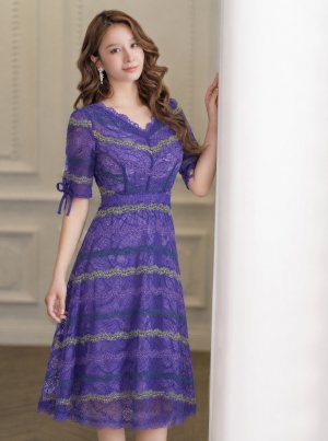画像5: [SALE品のため返品不可][ERUKEI]パープル・総レース・スリーブ・ Aライン・ミディアムドレス・ワンピース[即日発送][大きいサイズあり]