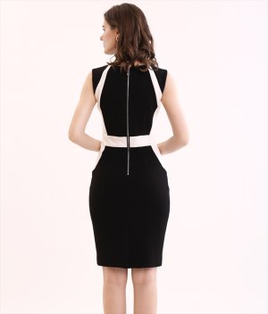 画像8: [送料無料][ERUKEI]ベージュ・ブラック・バイカラー・シンプル・ノースリーブ・切替・ポケット・ミディアムドレス・ワンピース[即日発送][大きいサイズあり]