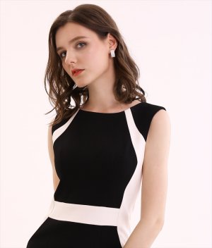 画像9: [送料無料][ERUKEI]ベージュ・ブラック・バイカラー・シンプル・ノースリーブ・切替・ポケット・ミディアムドレス・ワンピース[即日発送][大きいサイズあり]