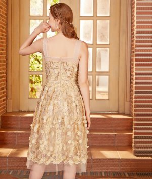 画像6: [送料無料][SETTAN]ホワイト・ゴールド・ブラック・花びらモチーフ・Ａライン・ノースリーブ・ミディアムドレス・ワンピース[即日発送][大きいサイズあり]