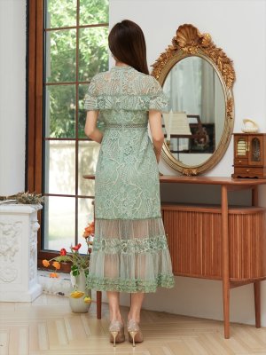 画像4: [送料無料][SETTAN]グリーン・ホワイト・ブルー・ブラウン・ネイビー・ワインレッド・総レース・シースルー・首元リボン・ミディアムドレス・ワンピース[即日発送][大きいサイズあり]