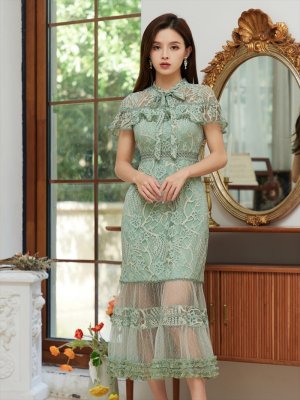 画像5: [送料無料][SETTAN]グリーン・ホワイト・ブルー・ブラウン・ネイビー・ワインレッド・総レース・シースルー・首元リボン・ミディアムドレス・ワンピース[即日発送][大きいサイズあり]