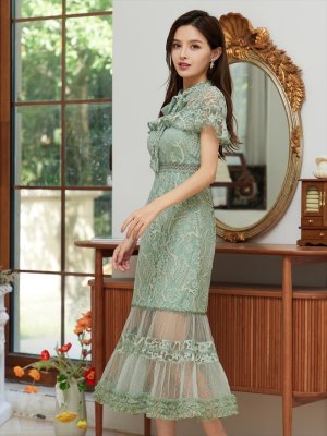 画像6: [送料無料][SETTAN]グリーン・ホワイト・ブルー・ブラウン・ネイビー・ワインレッド・総レース・シースルー・首元リボン・ミディアムドレス・ワンピース[即日発送][大きいサイズあり]