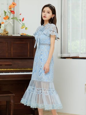 画像2: [送料無料][SETTAN]ブルー・グリーン・ホワイト・ブラウン・ネイビー・ワインレッド・総レース・シースルー・首元リボン・ミディアムドレス・ワンピース[即日発送][大きいサイズあり]
