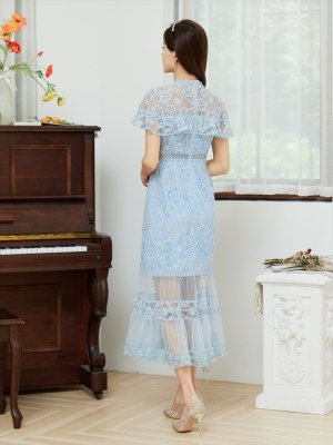 画像12: [送料無料][SETTAN]ネイビー・ワインレッド・ブルー・ホワイト・グリーン・ブラウン・総レース・シースルー・首元リボン・ミディアムワンピース・ドレス・ワンピース[送料無料]