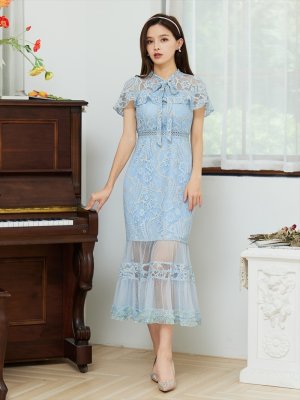 画像4: [送料無料][SETTAN]ブルー・グリーン・ホワイト・ブラウン・ネイビー・ワインレッド・総レース・シースルー・首元リボン・ミディアムドレス・ワンピース[即日発送][大きいサイズあり]