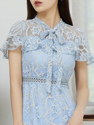 画像5: [送料無料][SETTAN]ブルー・グリーン・ホワイト・ブラウン・ネイビー・ワインレッド・総レース・シースルー・首元リボン・ミディアムドレス・ワンピース[即日発送][大きいサイズあり]