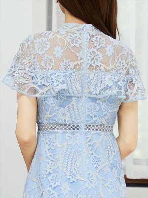 画像6: [送料無料][SETTAN]ブルー・グリーン・ホワイト・ブラウン・ネイビー・ワインレッド・総レース・シースルー・首元リボン・ミディアムドレス・ワンピース[即日発送][大きいサイズあり]