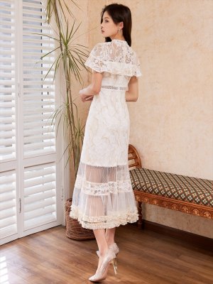 画像15: [送料無料][SETTAN]ネイビー・ワインレッド・ブルー・ホワイト・グリーン・ブラウン・総レース・シースルー・首元リボン・ミディアムワンピース・ドレス・ワンピース[送料無料]