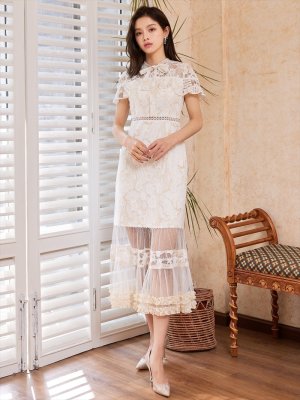 画像4: [送料無料][SETTAN]ホワイト・グリーン・ブルー・ブラウン・ネイビー・ワインレッド・総レース・シースルー・首元リボン・ミディアムドレス・ワンピース[即日発送][大きいサイズあり]