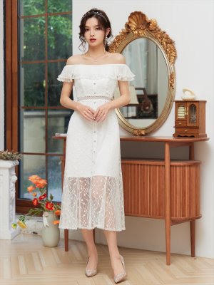 画像10: [送料無料][SETTAN]ブラック・ホワイト・総レース・リボンビジュー・オフショルダー・キャミソール・Aライン・ミディアムドレス・ワンピース[即日発送][大きいサイズあり]