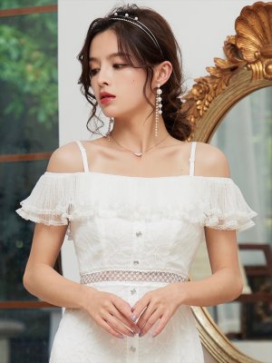 画像12: [送料無料][SETTAN]ブラック・ホワイト・総レース・リボンビジュー・オフショルダー・キャミソール・Aライン・ミディアムドレス・ワンピース[即日発送][大きいサイズあり]