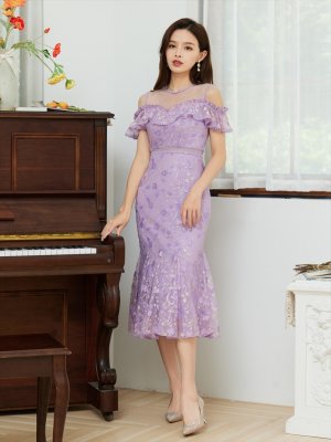 画像6: [送料無料][SETTAN]パープル・ネイビー・フラワー総レース・フロントフリル・デコルテシースルー・オープンショルダー・ミディアムドレス・ワンピース[即日発送][大きいサイズあり]