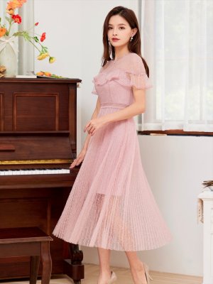 画像3: [送料無料][SETTAN]ピンク・レース・シースルー・スカートプリーツ・Aライン・ミディアムドレス・ワンピース[即日発送][大きいサイズあり]