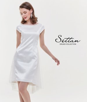 画像1: [送料無料][SETTAN]ホワイト・首元パール・シンプル・バックチュール・スパン・半袖・ミニドレス・ワンピース[即日発送][大きいサイズあり]