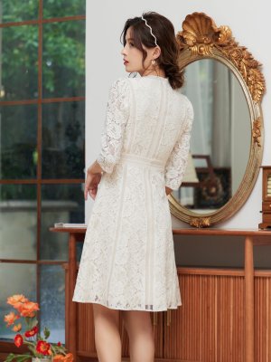 画像3: [送料無料][SETTAN]ホワイト・ブラック×ベージュ・総レース・Aライン・フレア・スリーブドレス・Vネック・ミニドレス・ワンピース[即日発送][大きいサイズあり]