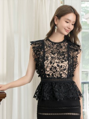 画像4: [送料無料][SETTAN]ブラック・ホワイト・ケミカルレース・ペプラム・タイト・ショート丈・ミディアムドレス・ワンピース[即日発送][大きいサイズあり]