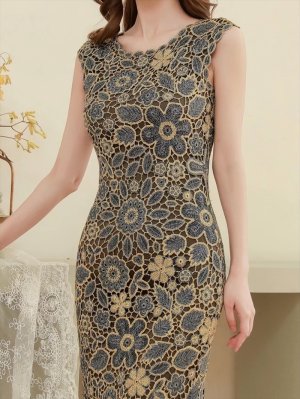 画像4: [送料無料][SETTAN]ブラック×ゴールド・総レース・高級金糸レース・フレンチスリーブ・マーメイド・タイト・大人・ミディアムドレス・ワンピース[即日発送][大きいサイズあり]