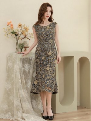 画像6: [送料無料][SETTAN]ブラック×ゴールド・総レース・高級金糸レース・フレンチスリーブ・マーメイド・タイト・大人・ミディアムドレス・ワンピース[即日発送][大きいサイズあり]