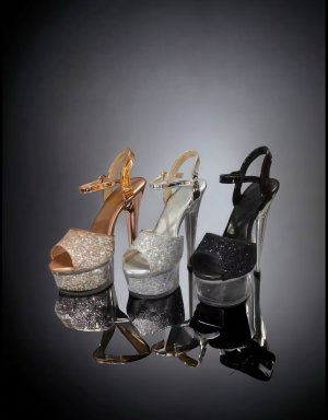 画像1: [ニュースソース][news]シルバー・ピンクゴールド・ブラック・アンクルストラップ・ラメ・グリッター・ラインストーンチャーム・厚底・16cmヒール・サンダル[即日発送]