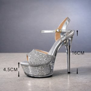 画像9: [ニュースソース][news]シルバー・ピンクゴールド・ブラック・アンクルストラップ・ラメ・グリッター・ラインストーンチャーム・厚底・16cmヒール・サンダル[即日発送]