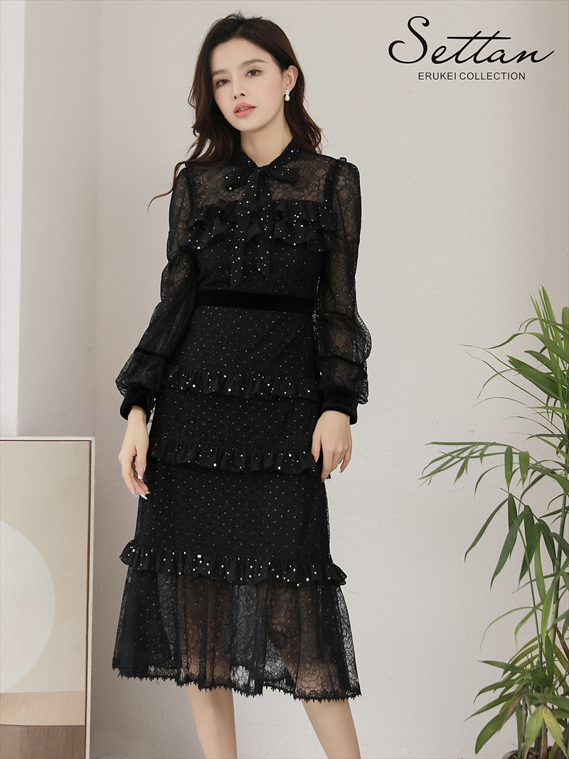 送料無料 Settan ブラック レース スパンコール 首元リボン 長袖 Aライン ティアード ミディアムドレス ワンピース 即日発送 大きいサイズあり S2570パーティードレス ワンピースの通販ショップなら エルケイ Erukei にお任せ 銀座クチュール