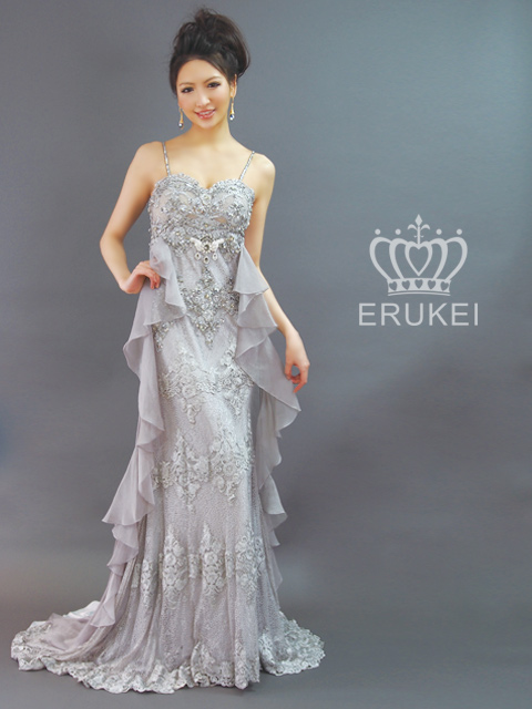 ERUKEI】豪華・レース・シルク・ロングドレス B117パーティードレス 