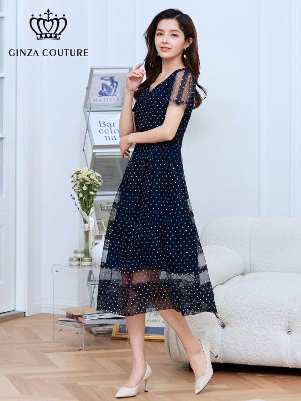 送料無料 Ginza Couture ネイビー ピンク ドット チュールレース Vネック 半袖 フレア Aライン ミディアムドレス ワンピース C2301パーティードレス ワンピースの通販ショップなら エルケイ Erukei にお任せ 銀座クチュール