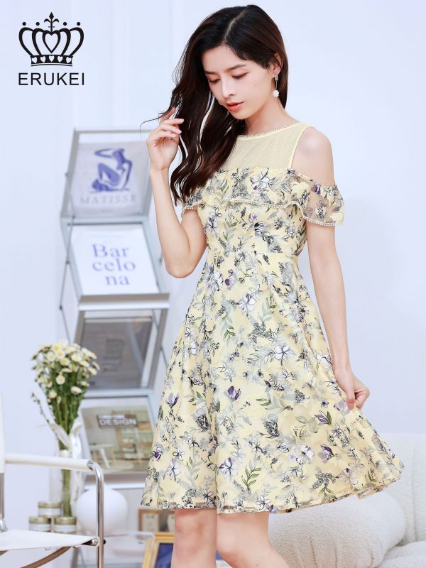 ERUKEI]イエロー・オープンショルダー・花柄・レース・Aライン・半袖 