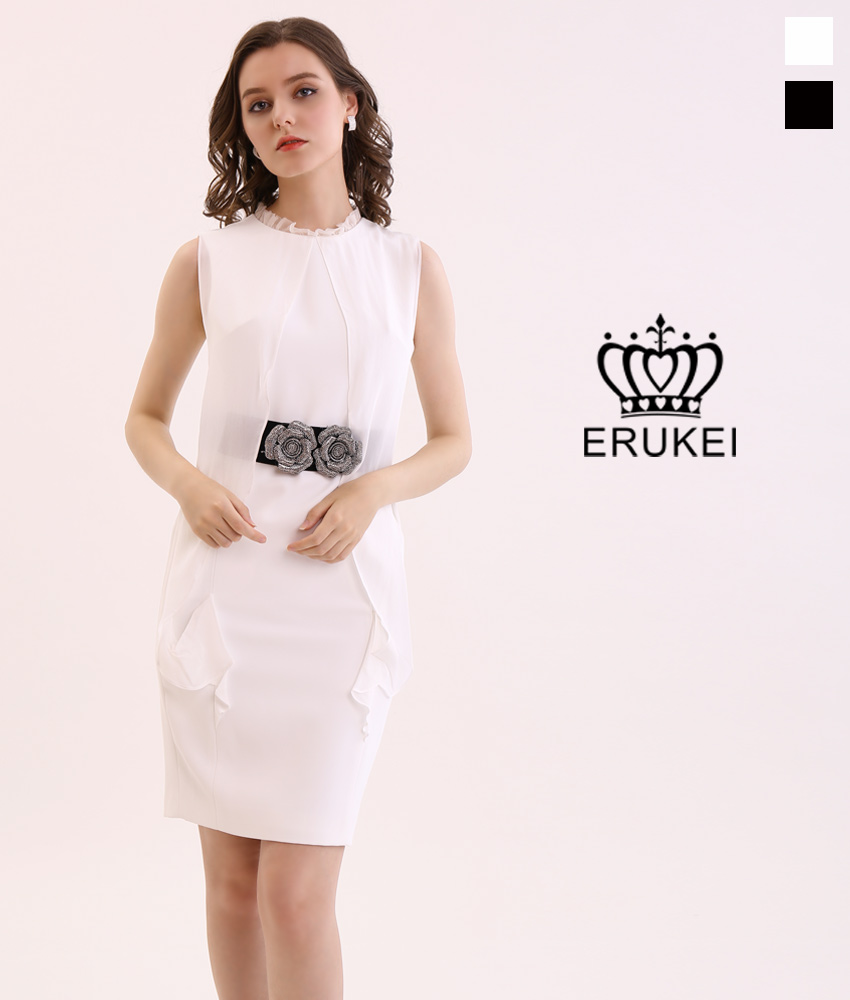 ERUKEI]ホワイト・ブラック・シフォン・フリルネック・コサージュ 