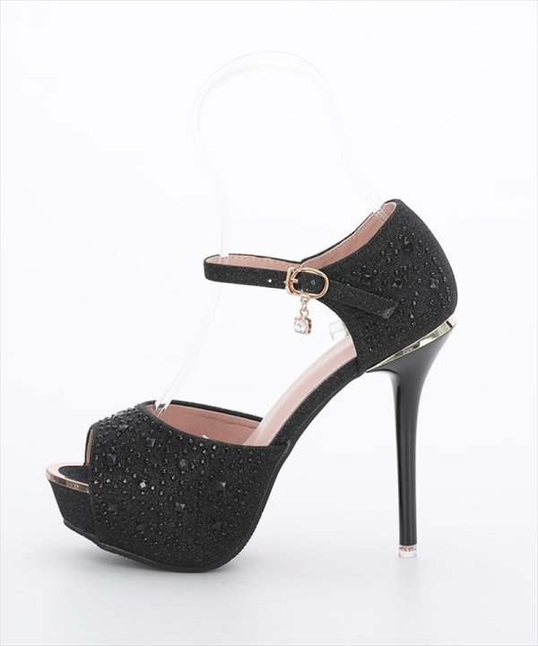画像9: [BENEDETTA]シルバー・ブラック・オープントゥ・アンクルストラップ・ビジュー・ラメ・12.5cm・ハイヒール・パンプス[即日発送] (9)