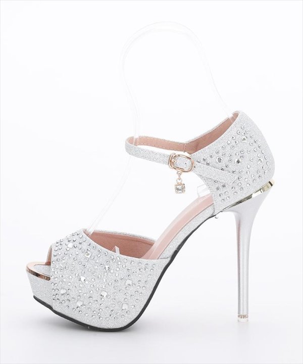 画像2: [BENEDETTA]シルバー・ブラック・オープントゥ・アンクルストラップ・ビジュー・ラメ・12.5cm・ハイヒール・パンプス[即日発送] (2)