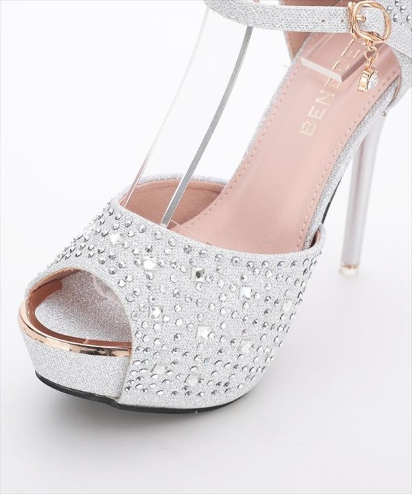画像4: [BENEDETTA]シルバー・ブラック・オープントゥ・アンクルストラップ・ビジュー・ラメ・12.5cm・ハイヒール・パンプス[即日発送] (4)