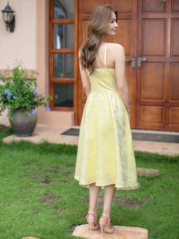 画像3: [送料無料][ERUKEI]イエロー・ジャガード・Aライン・フレア・リボン・キャミソール・ミディアム・ドレス・ワンピース[即日発送][大きいサイズあり] (3)