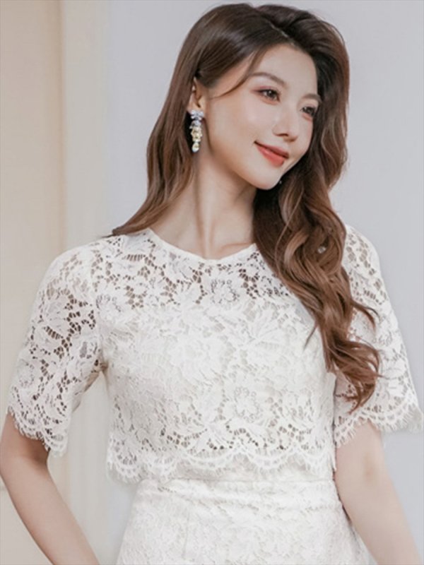 画像4: [送料無料][ERUKEI]ホワイト・総レース・フラワーレース・半袖・タイト・ミディアムドレス・ワンピース[即日発送][大きいサイズあり] (4)