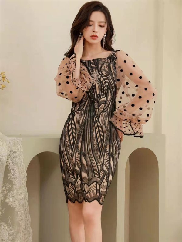 画像3: [送料無料][SETTAN]ブラック×ベージュ・ドット・レース・シースルー・ロングスリーブ・タイト・ミディアムドレス・ワンピース[即日発送][大きいサイズあり] (3)