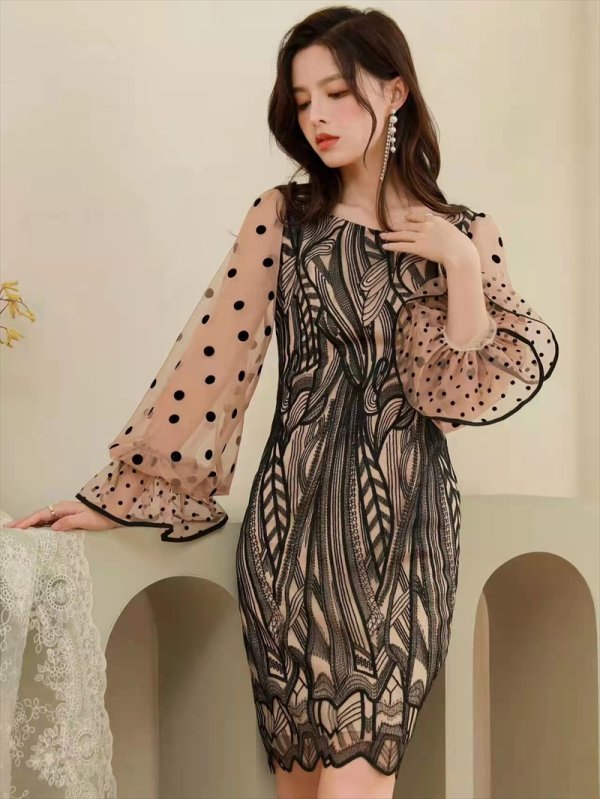 画像4: [送料無料][SETTAN]ブラック×ベージュ・ドット・レース・シースルー・ロングスリーブ・タイト・ミディアムドレス・ワンピース[即日発送][大きいサイズあり] (4)