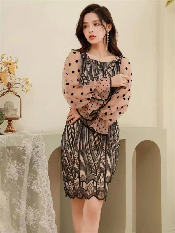 画像5: [送料無料][SETTAN]ブラック×ベージュ・ドット・レース・シースルー・ロングスリーブ・タイト・ミディアムドレス・ワンピース[即日発送][大きいサイズあり] (5)