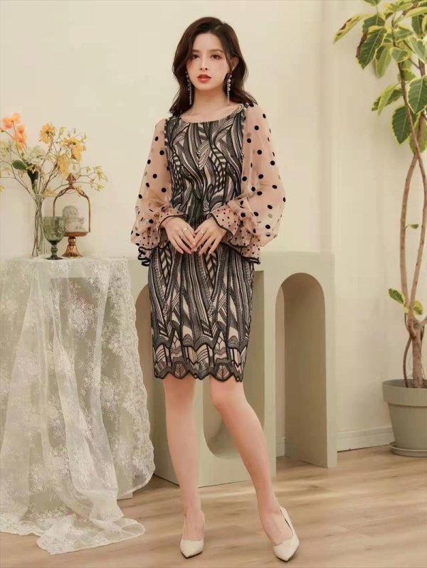 画像6: [送料無料][SETTAN]ブラック×ベージュ・ドット・レース・シースルー・ロングスリーブ・タイト・ミディアムドレス・ワンピース[即日発送][大きいサイズあり] (6)