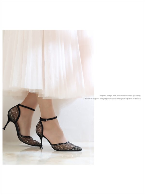 画像2: [送料無料][COMEX][Platino deux]プラチナドゥ・ゴールド・ブラック・シルバー・チュール・ラメ・ラインストーン・ポインテッドトゥ・アンクルストラップ・8cm・パンプス[即日発送] (2)