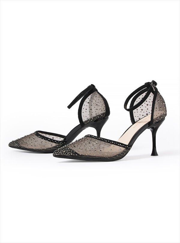 画像13: [送料無料][COMEX][Platino deux]プラチナドゥ・ゴールド・ブラック・シルバー・チュール・ラメ・ラインストーン・ポインテッドトゥ・アンクルストラップ・8cm・パンプス[即日発送] (13)