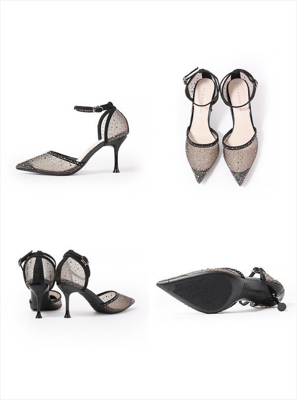 画像18: [送料無料][COMEX][Platino deux]プラチナドゥ・ゴールド・ブラック・シルバー・チュール・ラメ・ラインストーン・ポインテッドトゥ・アンクルストラップ・8cm・パンプス[即日発送] (18)
