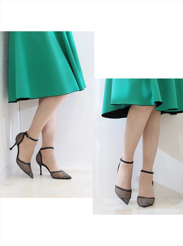 画像5: [送料無料][COMEX][Platino deux]プラチナドゥ・ゴールド・ブラック・シルバー・チュール・ラメ・ラインストーン・ポインテッドトゥ・アンクルストラップ・8cm・パンプス[即日発送] (5)