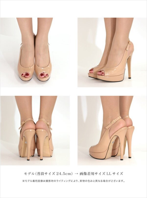 画像9: [送料無料][comex]ピンクベージュ・ブラック・ブラックエナメル・ヒール14cm・オープントゥ・ハイヒール・バックベルト・厚底・サンダル・プラットフォーム・パンプス[大きいサイズあり] (9)